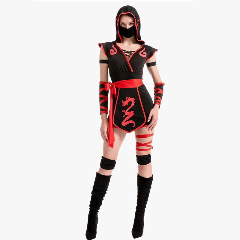 Ninja costume for women with hooded jumpsuit mask and belt